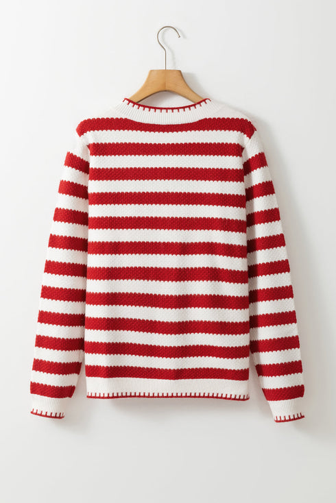 Gold-Tone Button Stripe Pattern Crew Neck Long Sleeve Knit Cardigan Sweater